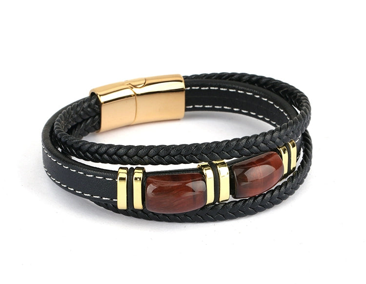 New Fad Natural Tiger eye Spiritual Bracelet Multi-Layer Leather Rope Woven Bracelet Men High-End Bracelet Gold Retro