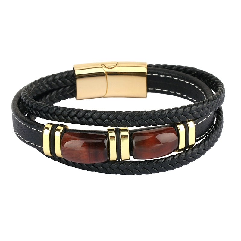 New Fad Natural Tiger eye Spiritual Bracelet Multi-Layer Leather Rope Woven Bracelet Men High-End Bracelet Gold Retro