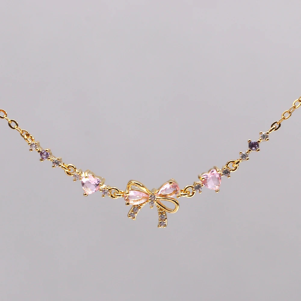 Orexy™Y2K Sweet Pink Zircon Bowknot & Heart Necklace – Playful Charm with a Touch of Luxury