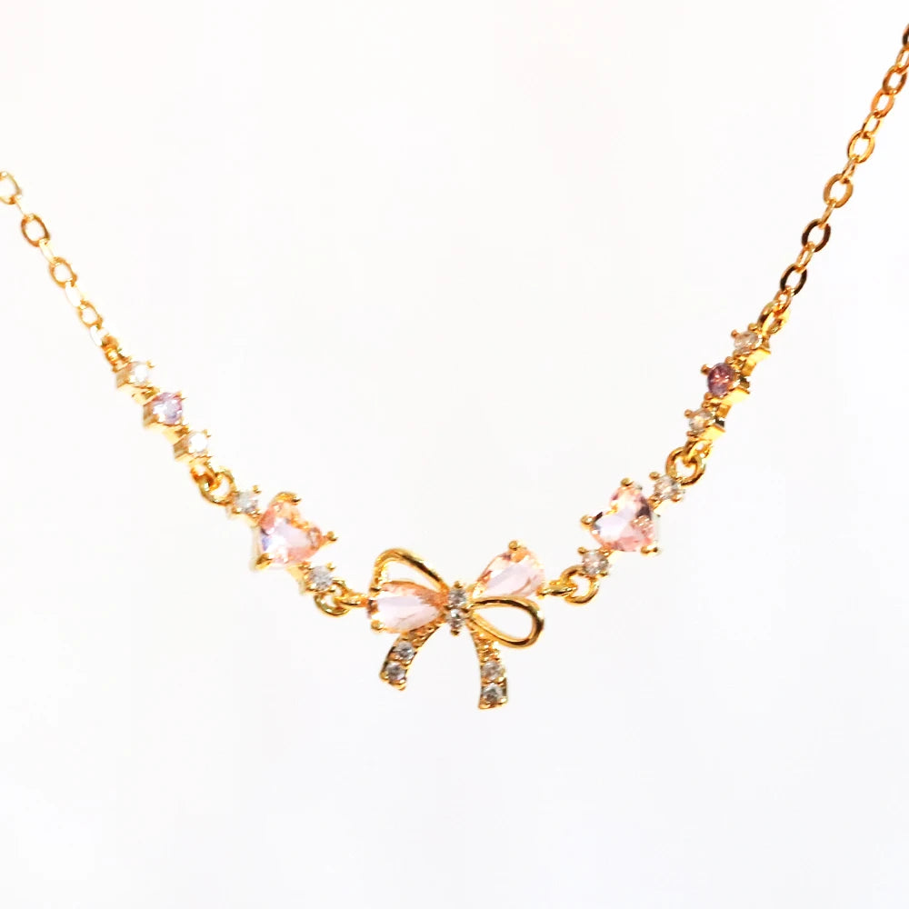 Orexy™Y2K Sweet Pink Zircon Bowknot & Heart Necklace – Playful Charm with a Touch of Luxury