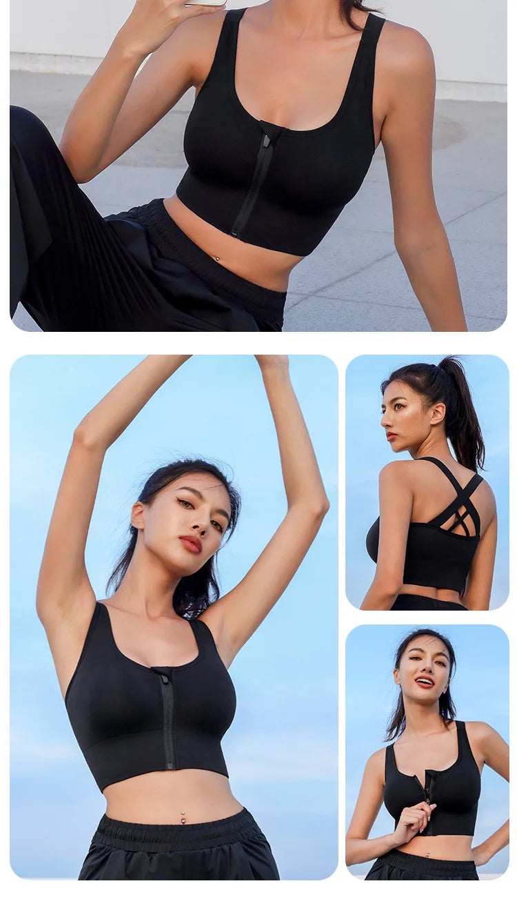 Solid color Tight sport Bra  with Zipper for women