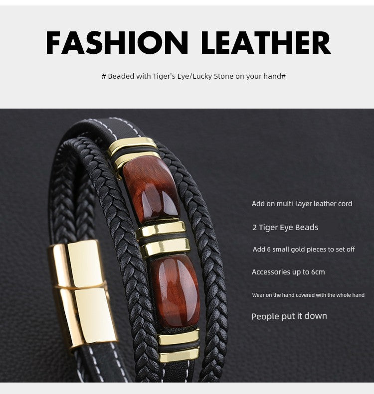 New Fad Natural Tiger eye Spiritual Bracelet Multi-Layer Leather Rope Woven Bracelet Men High-End Bracelet Gold Retro