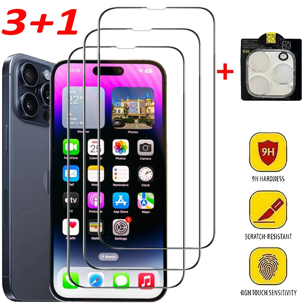 1~4Pcs HD Screen Protector For iPhone 17 16 15 14 Pro Max Tempered Glass For iPhone 11 12 13 Mini Camera Film iPhone 16 Plus