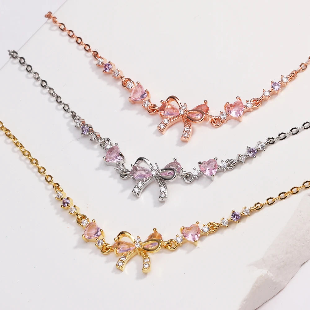 Orexy™Y2K Sweet Pink Zircon Bowknot & Heart Necklace – Playful Charm with a Touch of Luxury