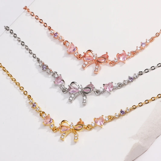 Orexy™Y2K Sweet Pink Zircon Bowknot & Heart Necklace – Playful Charm with a Touch of Luxury