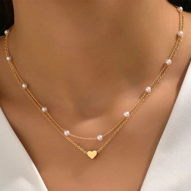Orexy™ 3pcs Women's Pearl Heart Necklace Set 14K Gold