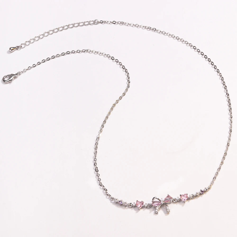 Orexy™Y2K Sweet Pink Zircon Bowknot & Heart Necklace – Playful Charm with a Touch of Luxury