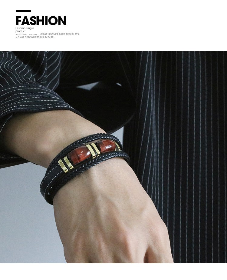 New Fad Natural Tiger eye Spiritual Bracelet Multi-Layer Leather Rope Woven Bracelet Men High-End Bracelet Gold Retro