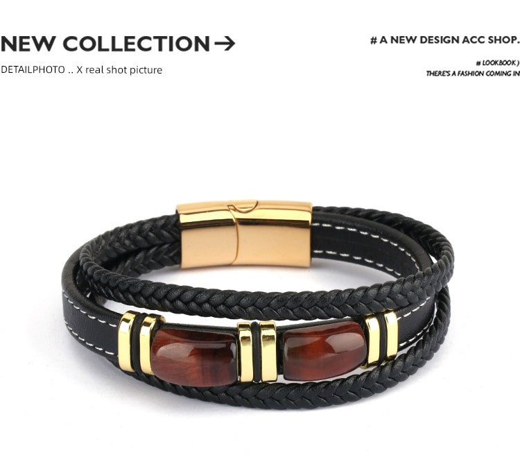 New Fad Natural Tiger eye Spiritual Bracelet Multi-Layer Leather Rope Woven Bracelet Men High-End Bracelet Gold Retro