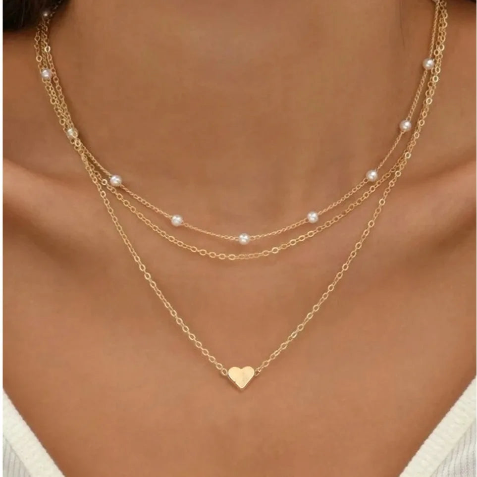 Orexy™ 3pcs Women's Pearl Heart Necklace Set 14K Gold