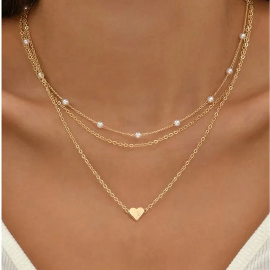 Orexy™ 3pcs Women's Pearl Heart Necklace Set 14K Gold