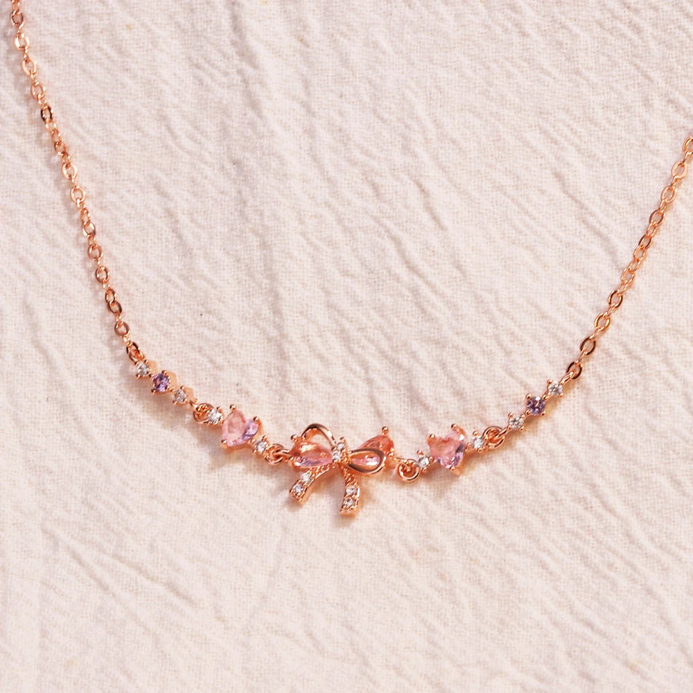 Orexy™Y2K Sweet Pink Zircon Bowknot & Heart Necklace – Playful Charm with a Touch of Luxury