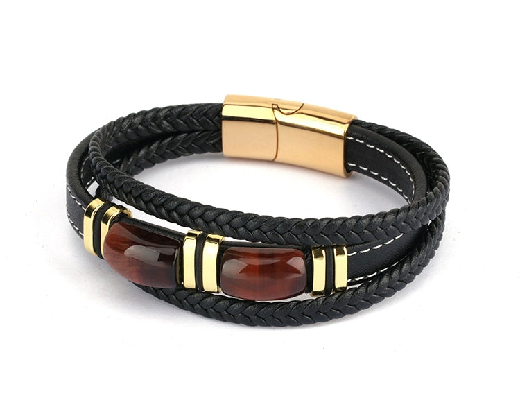 New Fad Natural Tiger eye Spiritual Bracelet Multi-Layer Leather Rope Woven Bracelet Men High-End Bracelet Gold Retro