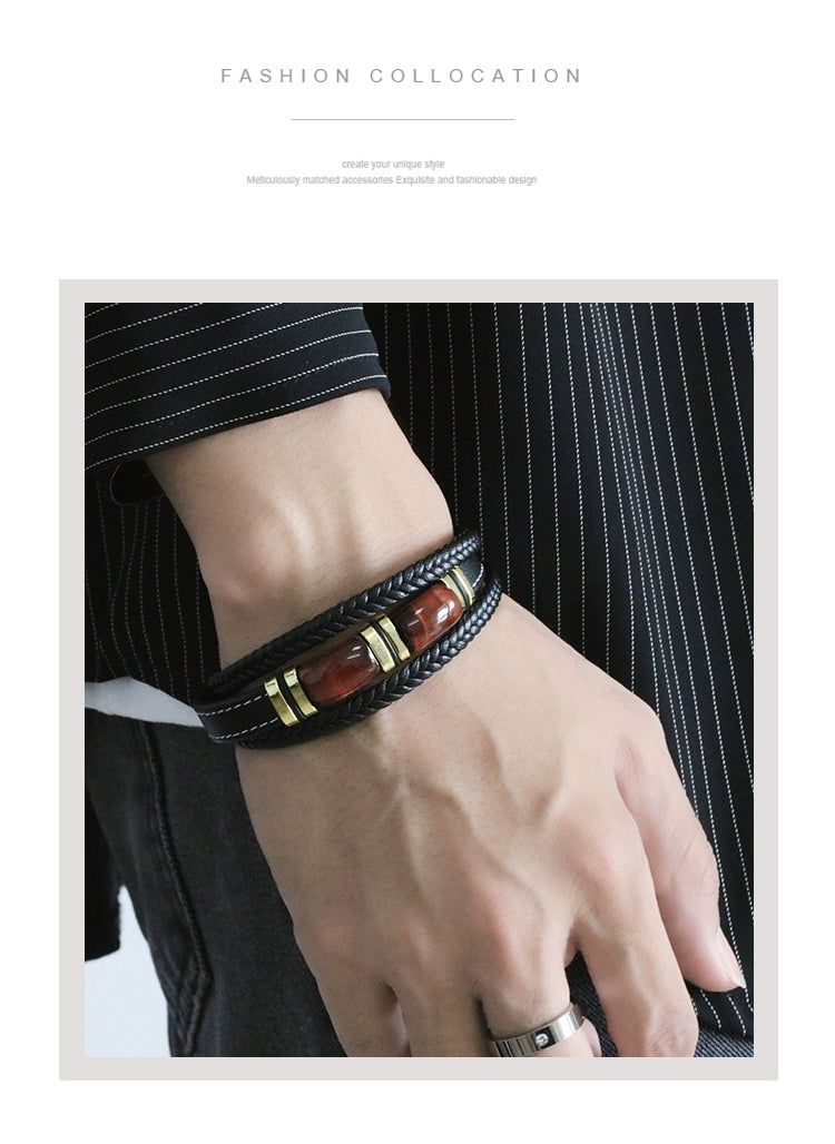 New Fad Natural Tiger eye Spiritual Bracelet Multi-Layer Leather Rope Woven Bracelet Men High-End Bracelet Gold Retro