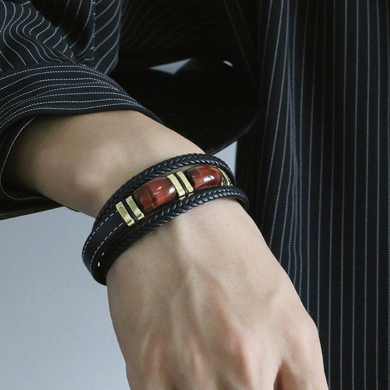 New Fad Natural Tiger eye Spiritual Bracelet Multi-Layer Leather Rope Woven Bracelet Men High-End Bracelet Gold Retro
