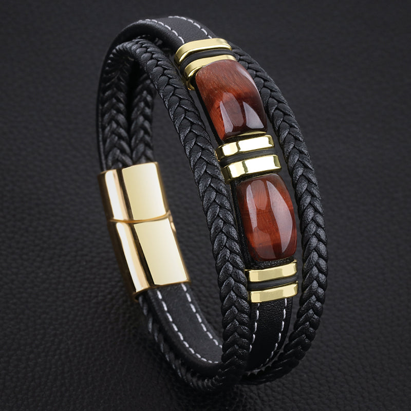 New Fad Natural Tiger eye Spiritual Bracelet Multi-Layer Leather Rope Woven Bracelet Men High-End Bracelet Gold Retro