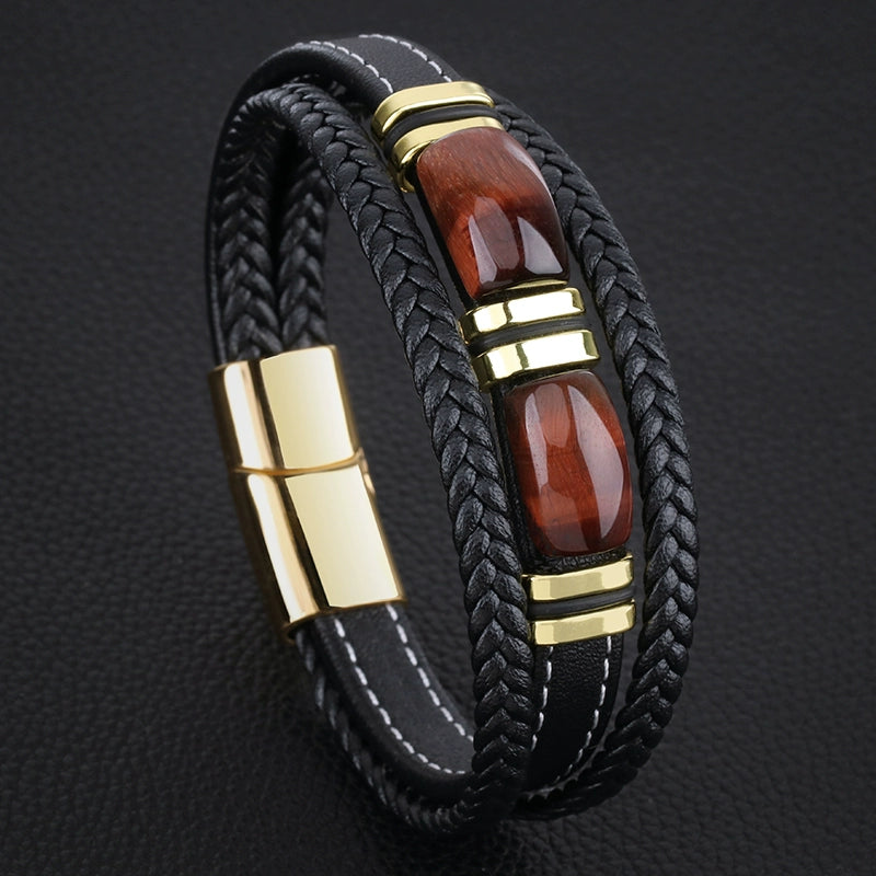 New Fad Natural Tiger eye Spiritual Bracelet Multi-Layer Leather Rope Woven Bracelet Men High-End Bracelet Gold Retro