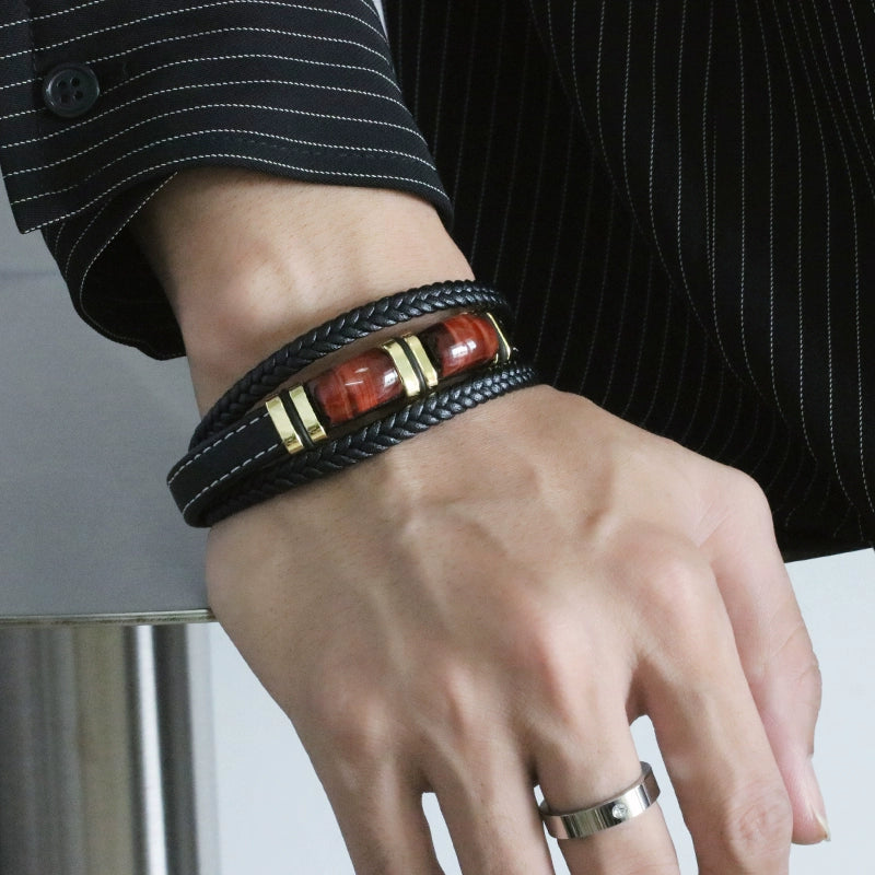 New Fad Natural Tiger eye Spiritual Bracelet Multi-Layer Leather Rope Woven Bracelet Men High-End Bracelet Gold Retro