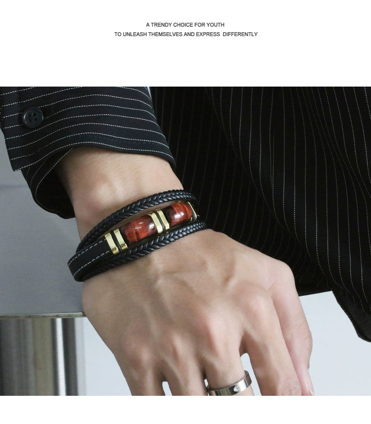 New Fad Natural Tiger eye Spiritual Bracelet Multi-Layer Leather Rope Woven Bracelet Men High-End Bracelet Gold Retro