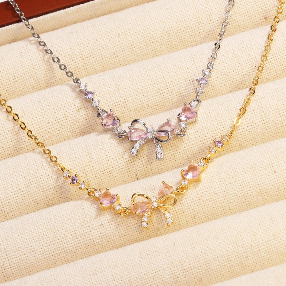 Orexy™Y2K Sweet Pink Zircon Bowknot & Heart Necklace – Playful Charm with a Touch of Luxury