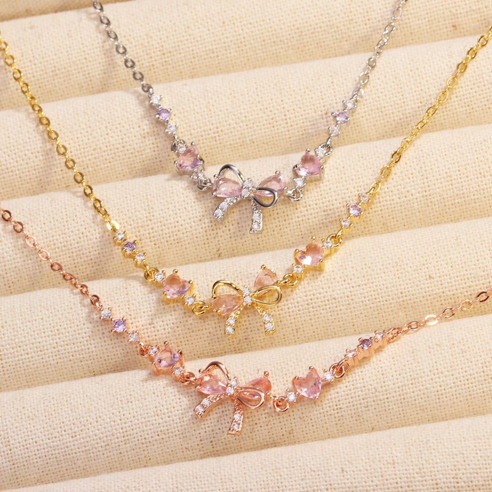 Orexy™Y2K Sweet Pink Zircon Bowknot & Heart Necklace – Playful Charm with a Touch of Luxury