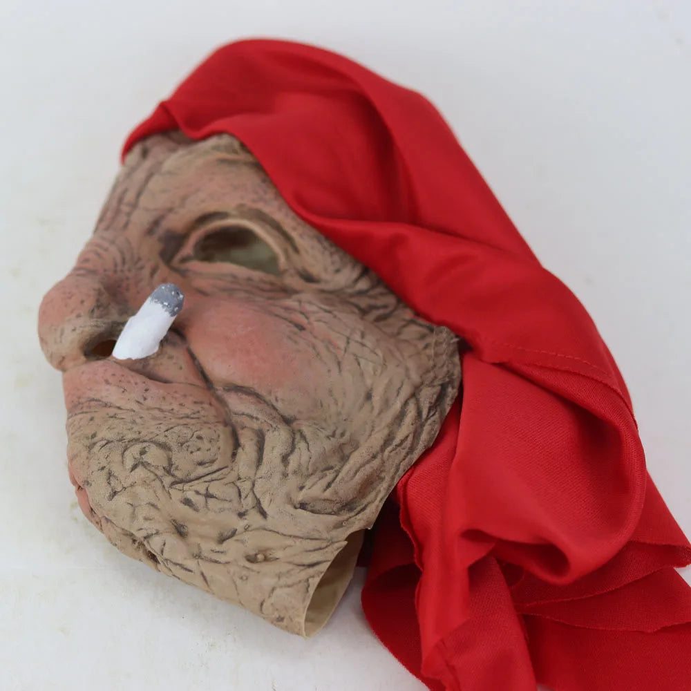 Funny Smoking Granny Old Nana Latex Mask Lady Grandma With Wrinkled Face and Red Scarf Masks Halloween Party Costume Props