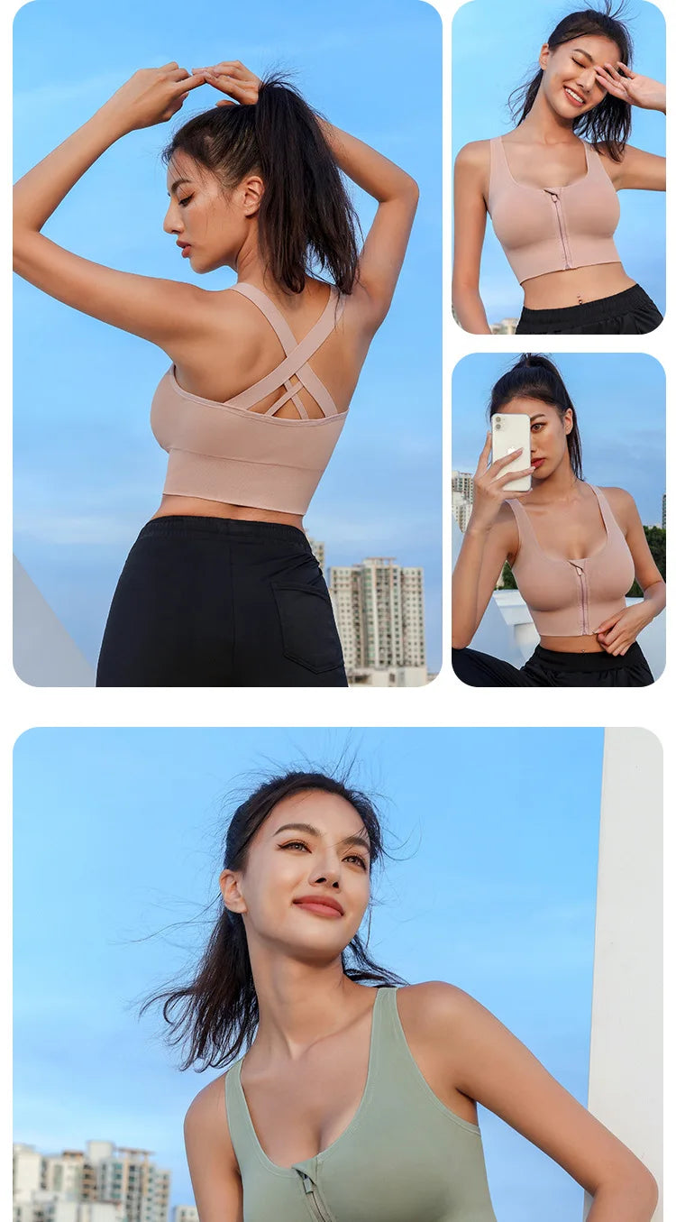 Solid color Tight sport Bra  with Zipper for women