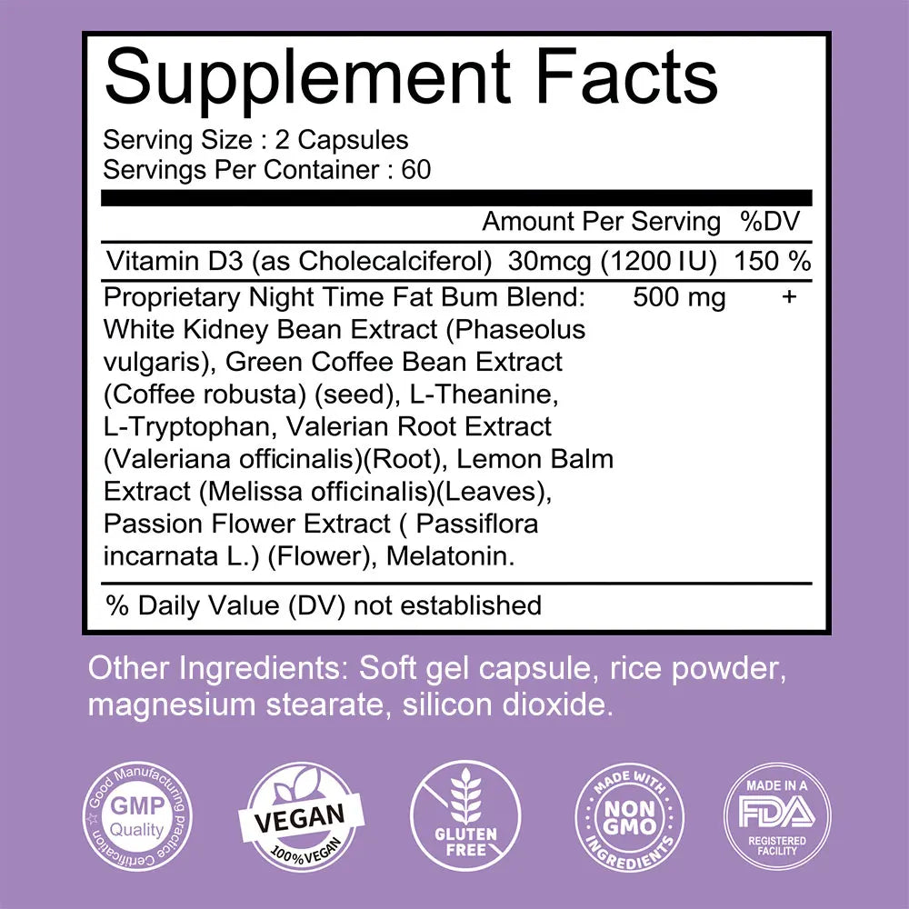 Nighttime Fat Burner, Sleep Supplement & Appetite Suppressant, Metabolism Support, Whole Body Detox, 120 Capsules