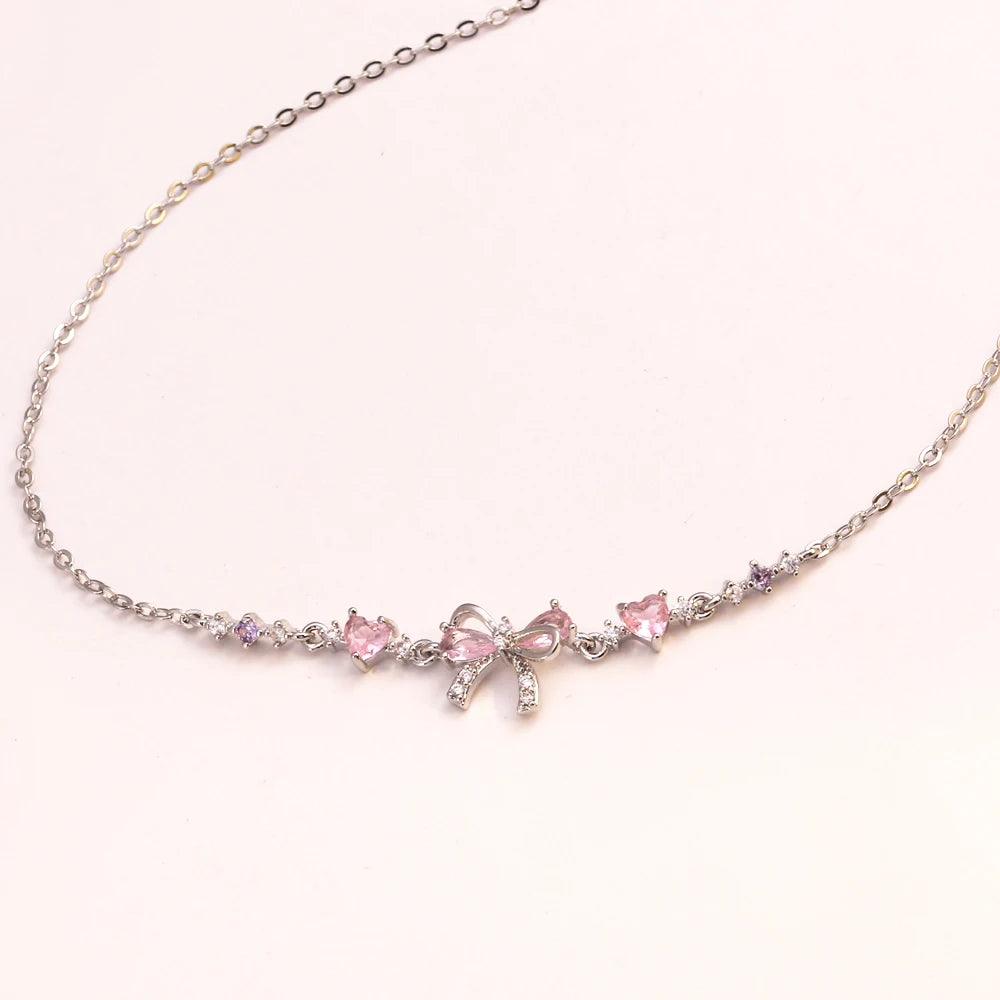 Orexy™Y2K Sweet Pink Zircon Bowknot & Heart Necklace – Playful Charm with a Touch of Luxury