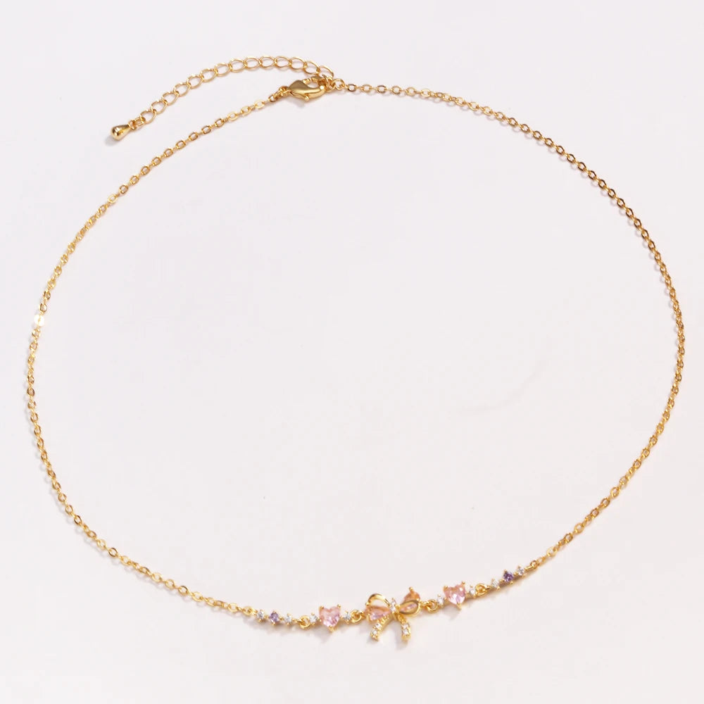 Orexy™Y2K Sweet Pink Zircon Bowknot & Heart Necklace – Playful Charm with a Touch of Luxury