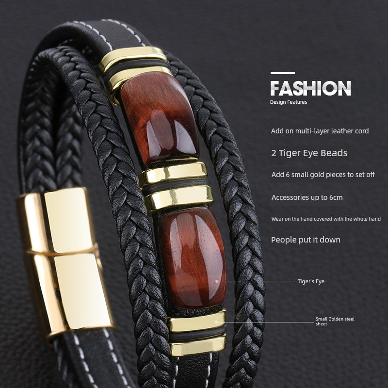 New Fad Natural Tiger eye Spiritual Bracelet Multi-Layer Leather Rope Woven Bracelet Men High-End Bracelet Gold Retro