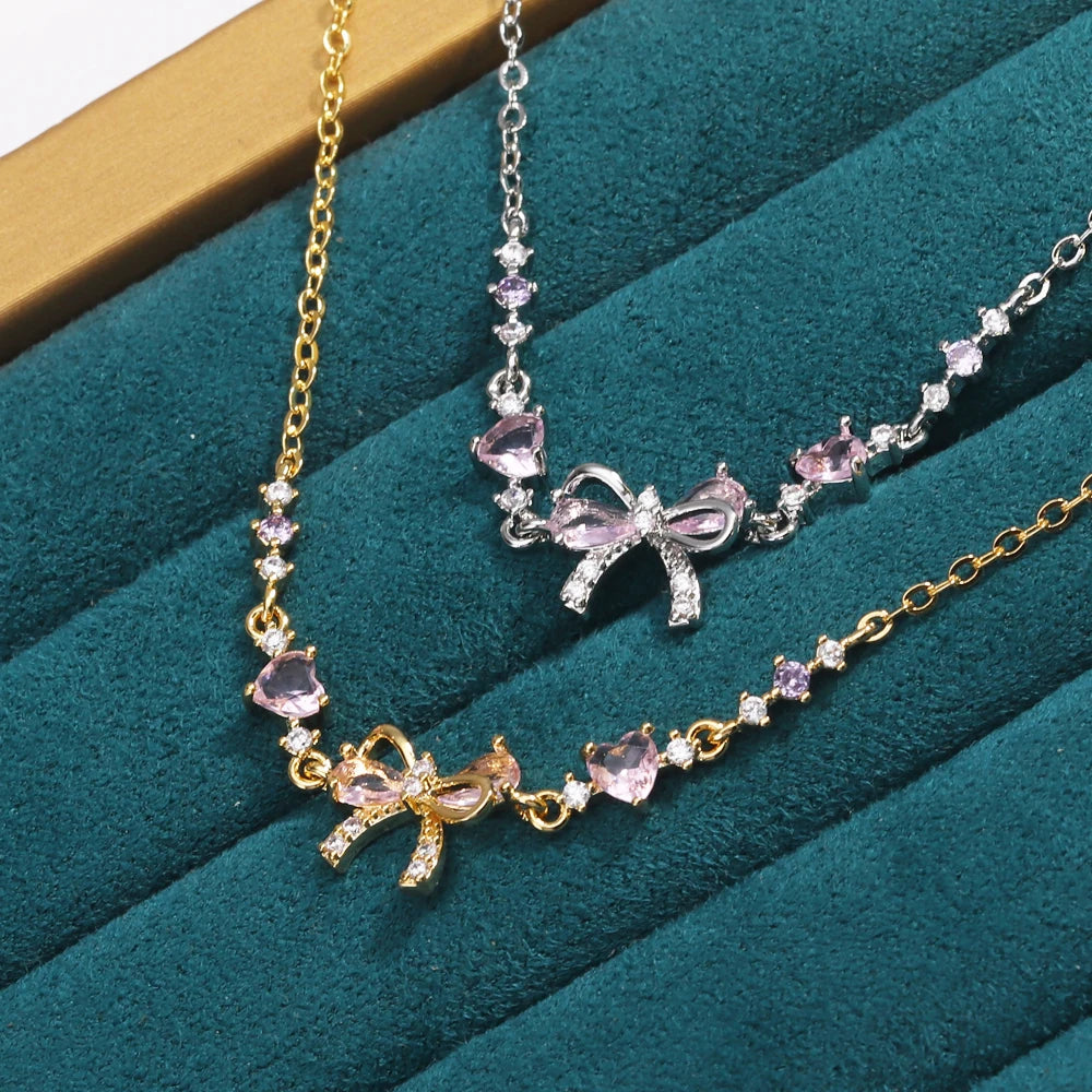 Orexy™Y2K Sweet Pink Zircon Bowknot & Heart Necklace – Playful Charm with a Touch of Luxury
