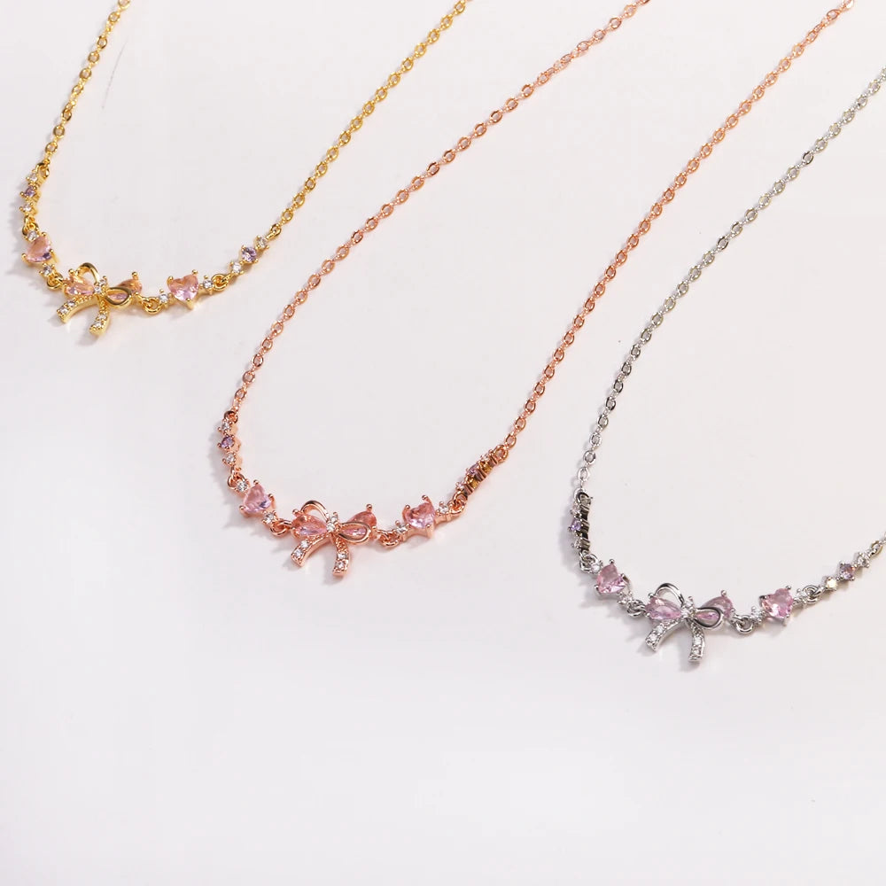 Orexy™Y2K Sweet Pink Zircon Bowknot & Heart Necklace – Playful Charm with a Touch of Luxury