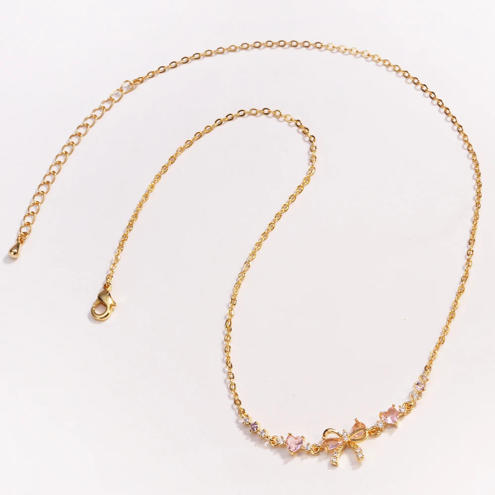 Orexy™Y2K Sweet Pink Zircon Bowknot & Heart Necklace – Playful Charm with a Touch of Luxury